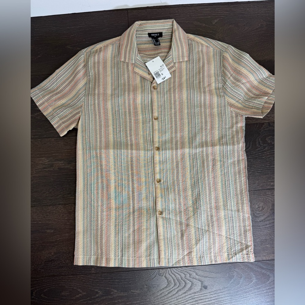 Forever 21 Men Striped Beige Short Sleeve Shirt
